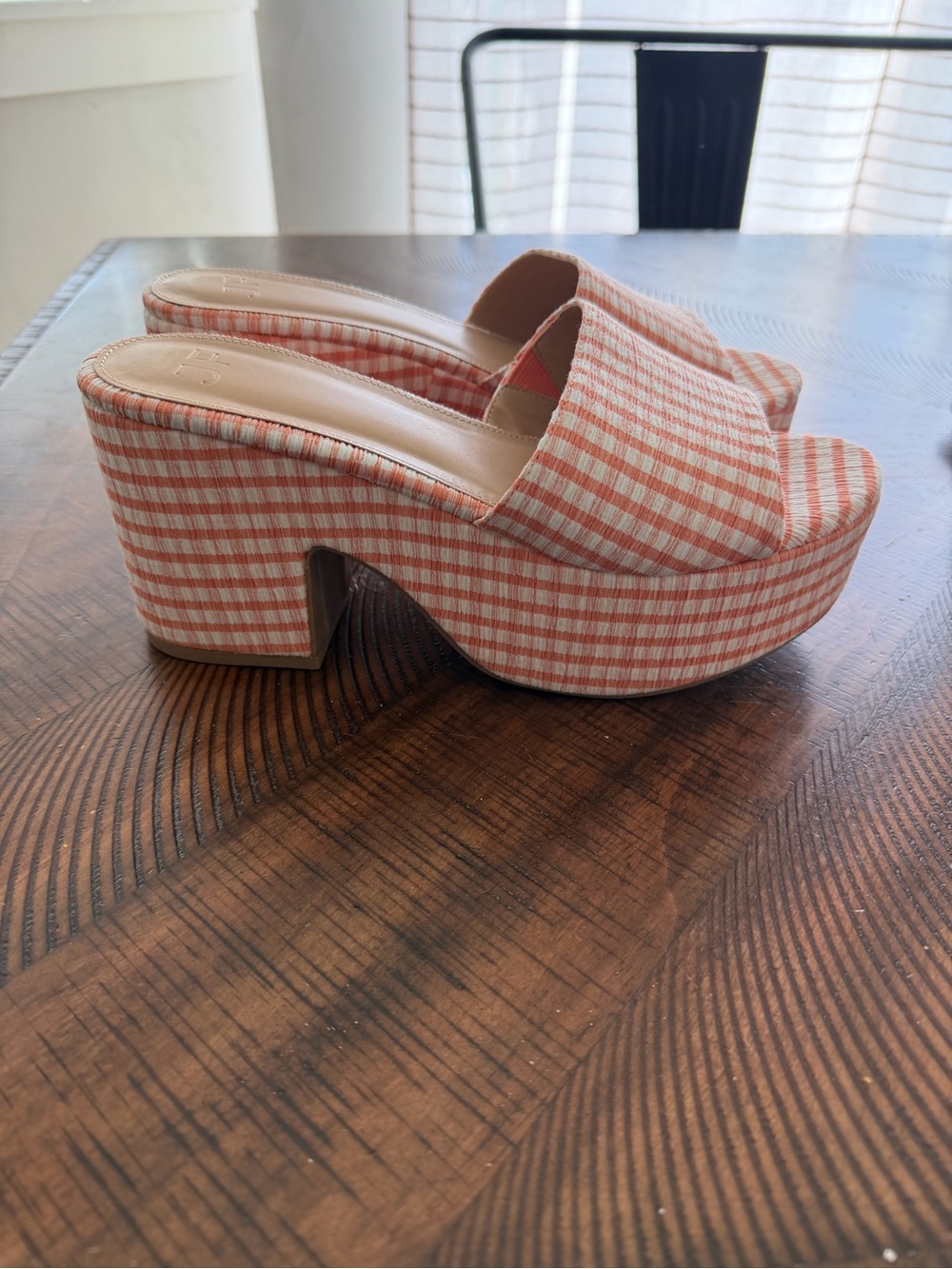 Platform Slide Sandals in Coral/Orange Gingham